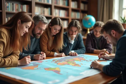 Groupe divers d'adultes étudiant une carte du monde dans une bibliothèque