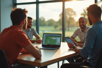Groupe de golfeurs au clubhouse utilisant une tablette