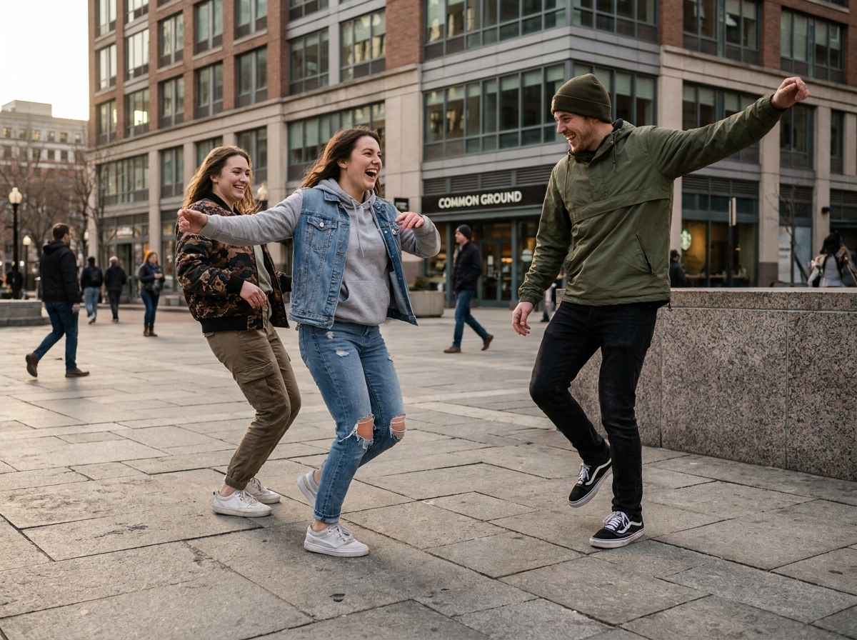 Groupe de jeunes adultes dansant ensemble en plein air dans une place urbaine, pratiquant une chorégraphie apprise sur TikTok dans la vraie vie