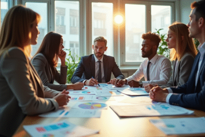 Groupe de professionnels analysant des graphiques dans un bureau lumineux