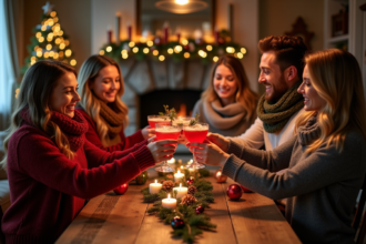 Groupe d'adultes trinant avec des cocktails de Noël chaleureux