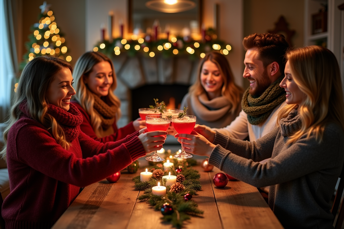 Groupe d'adultes trinant avec des cocktails de Noël chaleureux