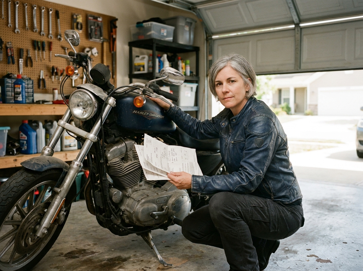 Femme propriétaire d'une Harley-Davidson consultant des documents d'assurance dans son garage résidentiel, comparant les options selon le lieu de stationnement