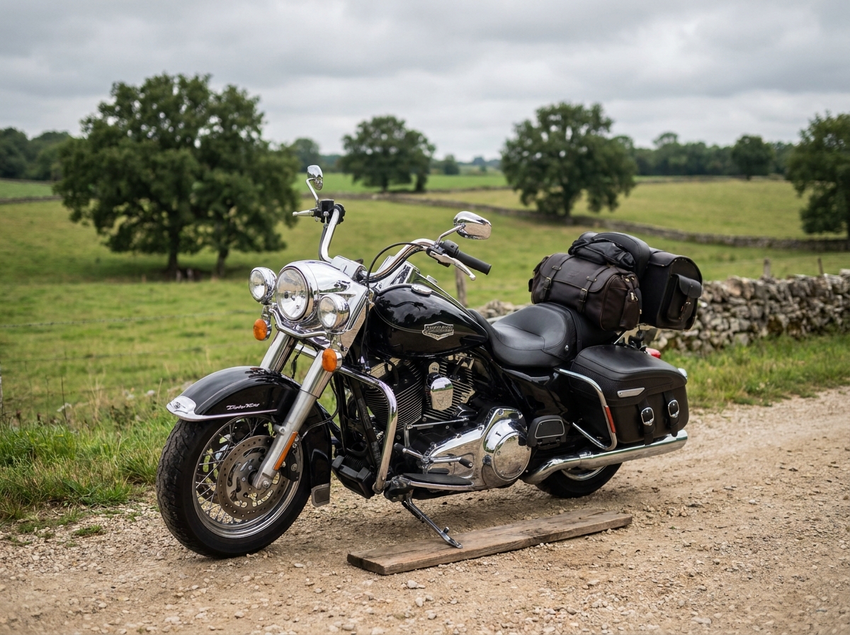 Harley-Davidson stationnée sur un chemin rural en campagne française, démontrant les conditions de stationnement extérieur pour l'assurance moto