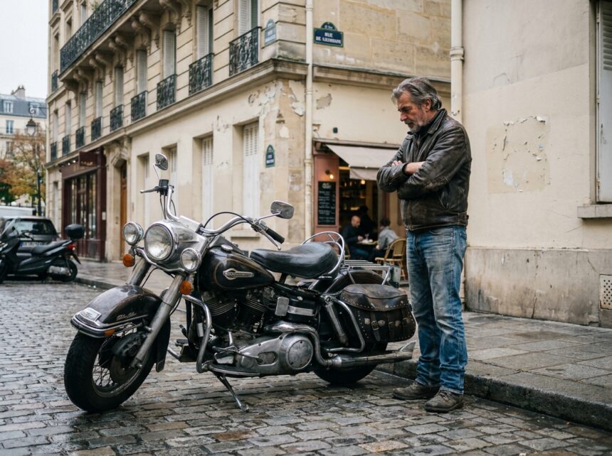 Harley-Davidson garée dans une rue pavée urbaine à Paris avec son propriétaire, illustrant le stationnement en ville pour l'assurance moto