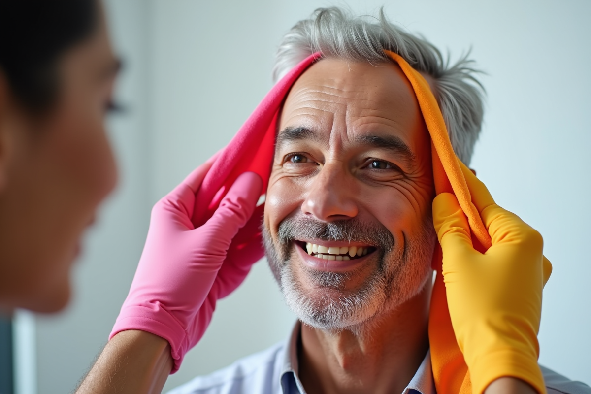 Homme analysé par un styliste avec foulards colorés