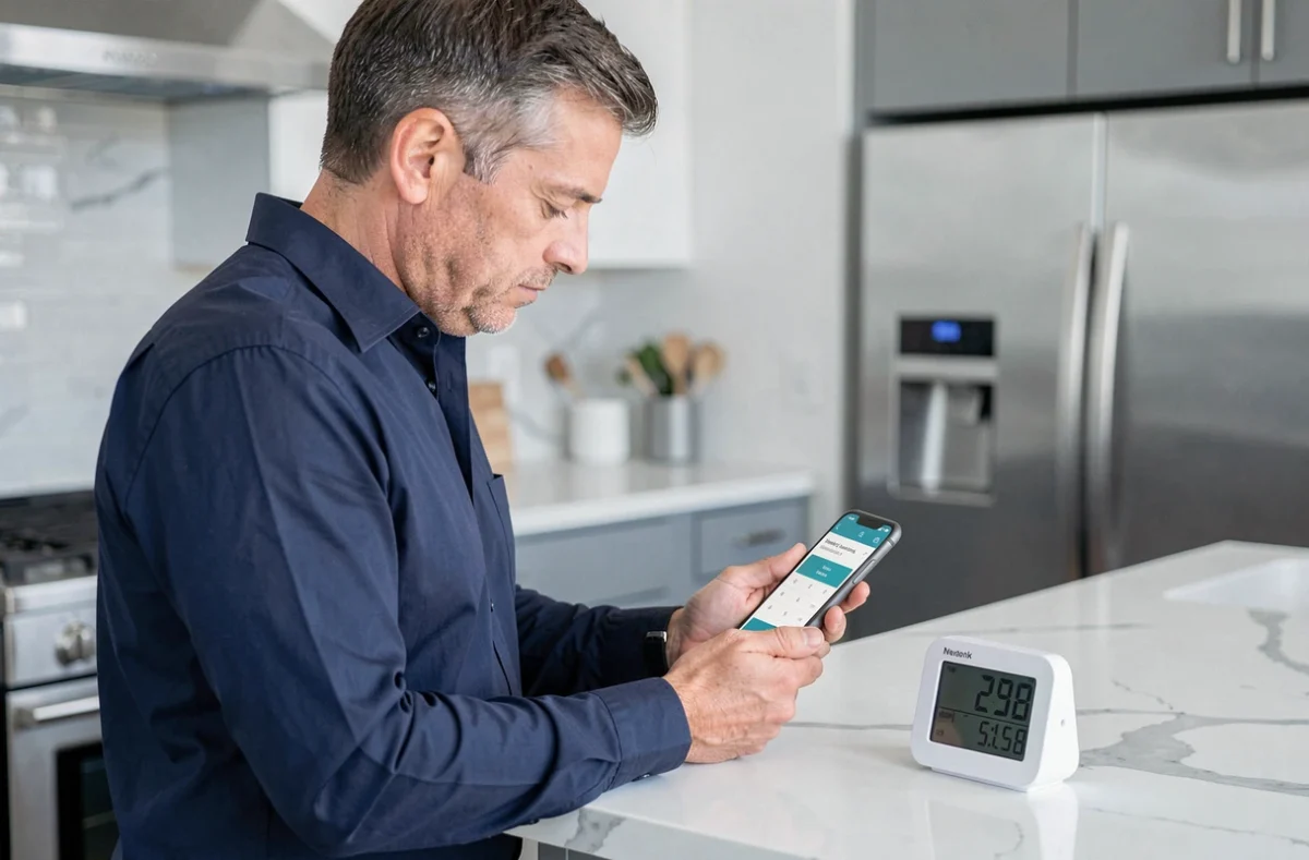 Homme consultant une application de conversion minutes-heures sur son smartphone dans une cuisine moderne avec un minuteur numérique