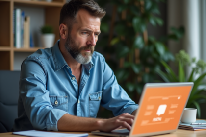Homme d'âge moyen travaillant sur un ordinateur avec interface orange