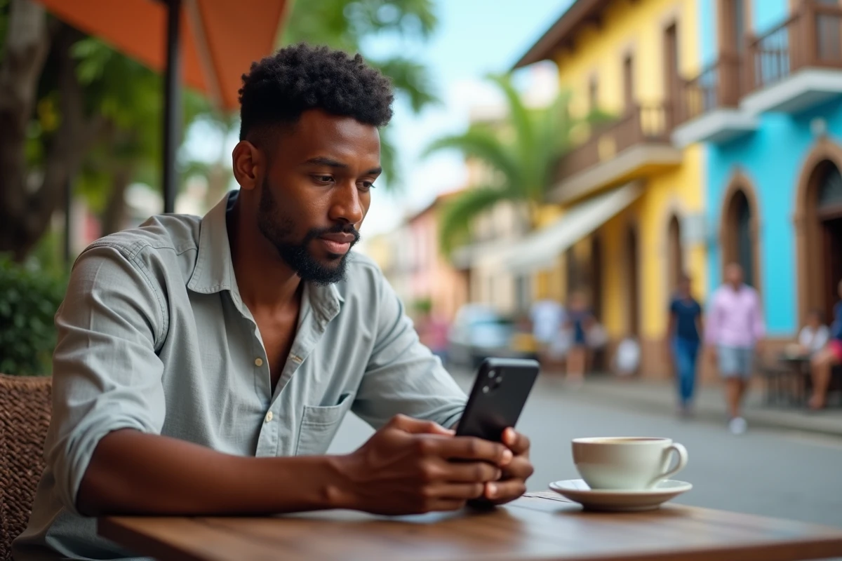 Homme guadeloupéen vérifiant le décalage horaire entre la Guadeloupe et la France métropolitaine sur son smartphone dans un café de Pointe-à-Pitre
