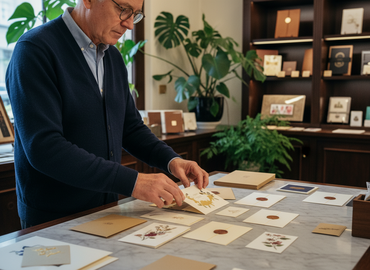 Homme arrangeant cartes et enveloppes dans boutique élégante