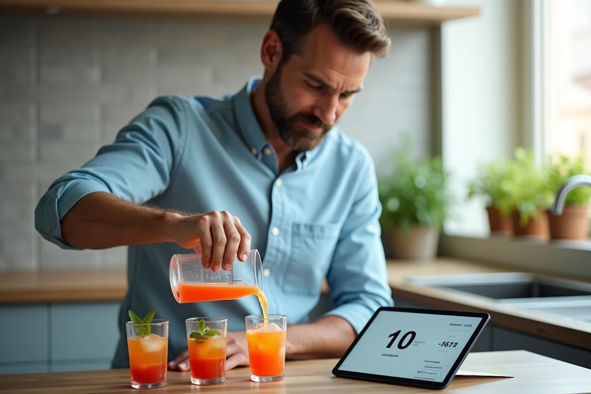 Homme en chemise verse un cocktail dans la cuisine moderne