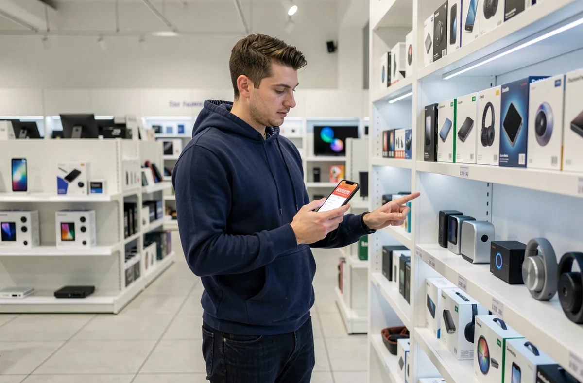 Homme consultant un code de réduction Pixmania sur smartphone dans un espace dédié aux produits électroniques