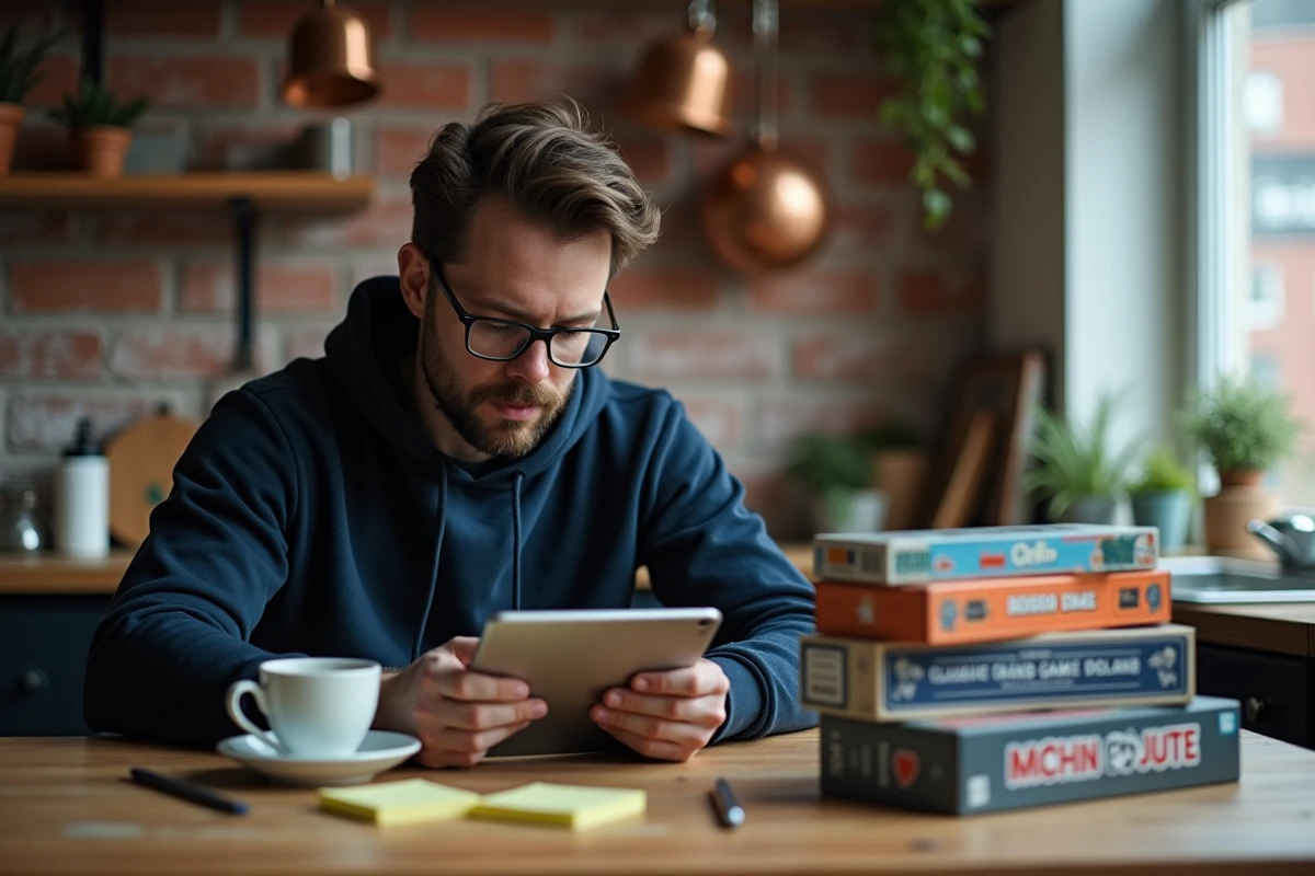 Homme consultant des conseils de jeu Monopoly Go sur tablette dans une cuisine urbaine avec des notes stratégiques