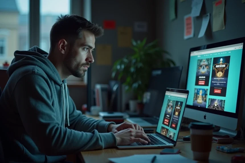 Un homme inquiet analysant des sites web frauduleux imitant une plateforme de paris en ligne sur son ordinateur portable