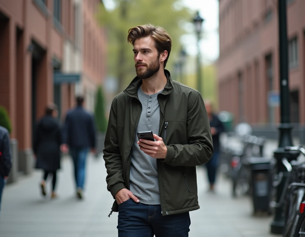 Homme distrait dans la rue regardant son téléphone en pensant à une personne qui le désire