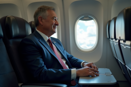 Homme d'âge moyen regardant par la fenêtre d'avion