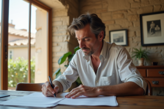 Homme français en chemise en lin étudie des documents dans un appartement lumineux