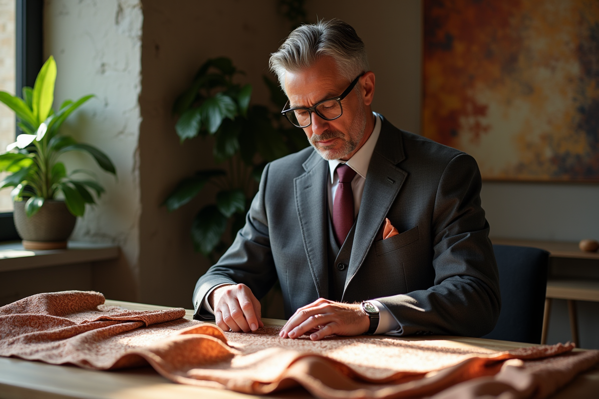 Homme mature examinant des échantillons de tissus en loft urbain