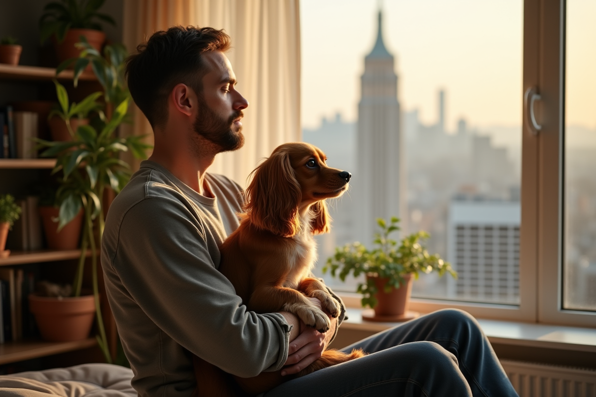 Homme tenant son cocker dans un salon avec vue sur la ville