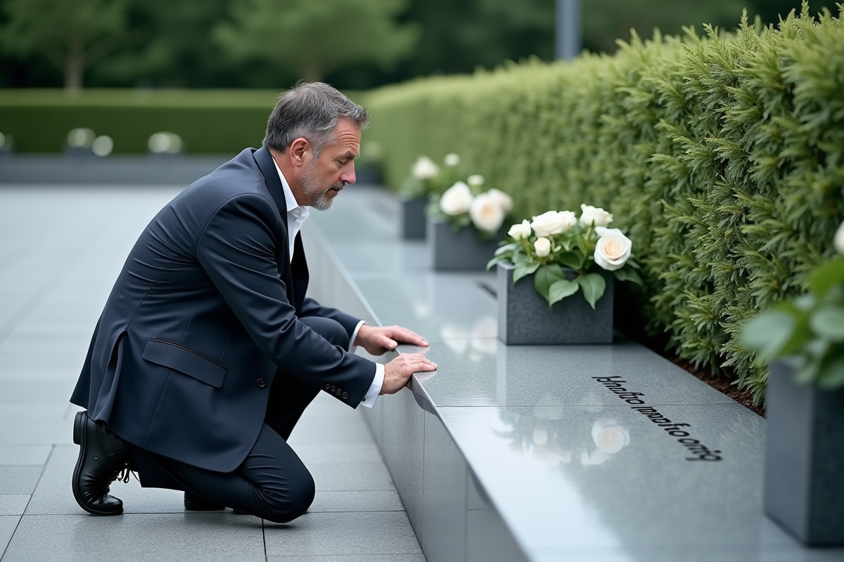 Homme en costume contemple une plaque funéraire moderne