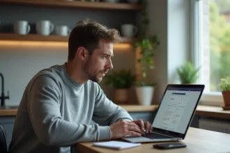 Homme en sweat gris cherchant sur son ordinateur à la maison