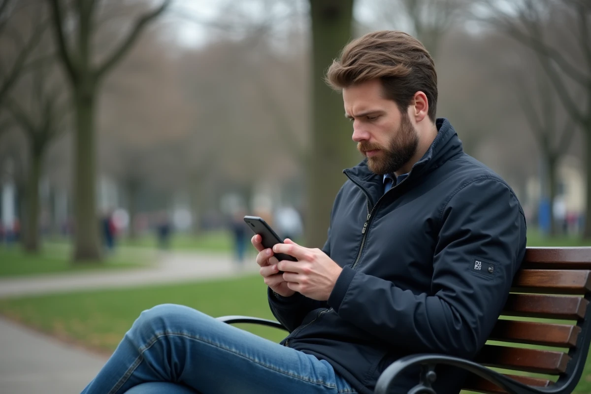 Homme assis sur un banc de parc consultant discrètement son téléphone, symbole de la surveillance anonyme sur les réseaux sociaux