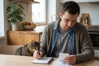 Jeune homme détendu avec un chat dans une cuisine moderne