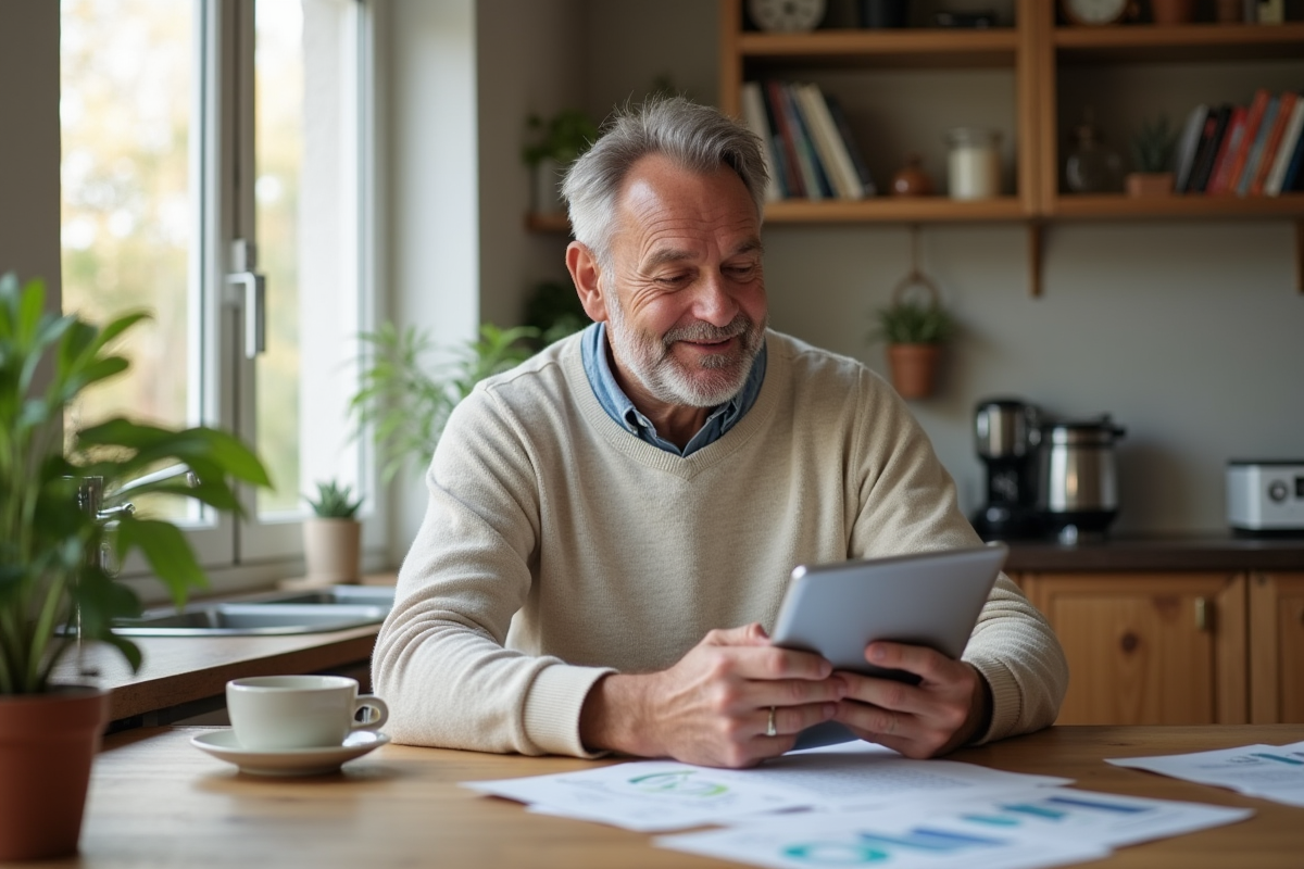 Homme d age moyen examinant des options de pret à la maison