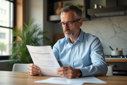 Homme d'âge moyen examine ses papiers d'épargne dans une cuisine moderne