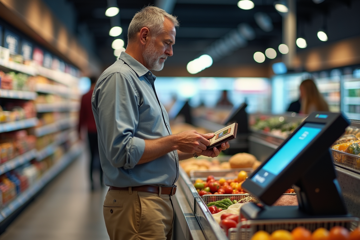 Homme faisant ses courses au supermarché en scannant ses achats