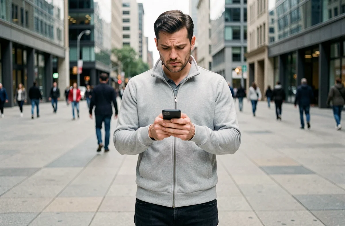 Homme en ville regardant son smartphone avec une expression préoccupée face à un contenu en ligne discriminant