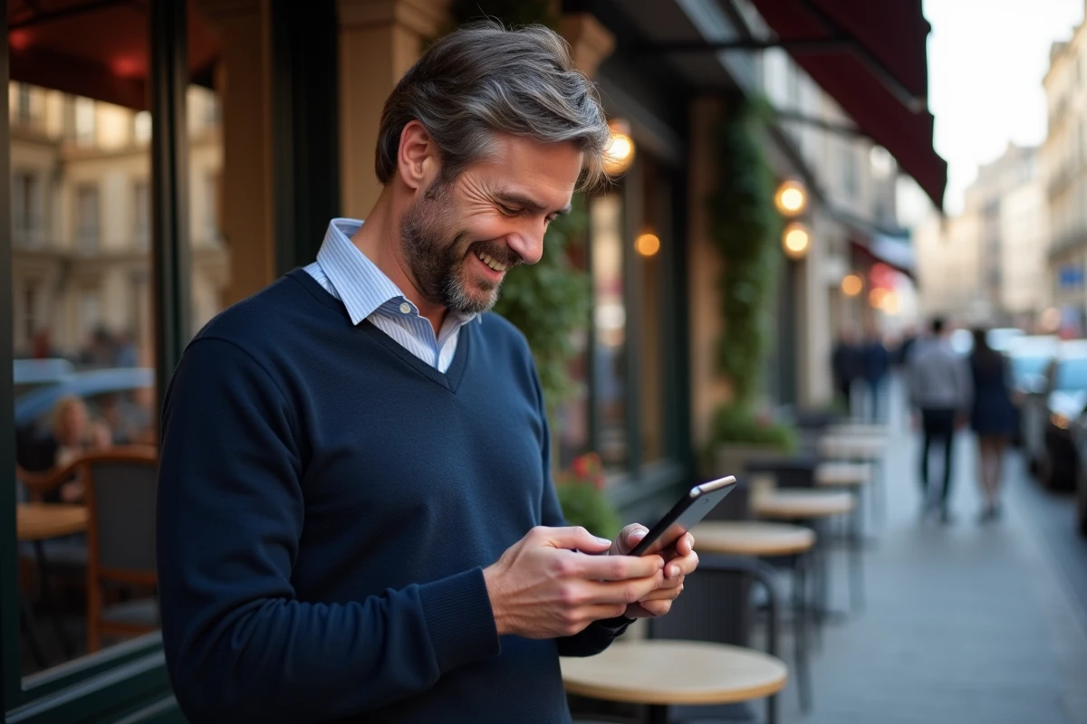 Homme souriant avec smartphone et memo de grammaire