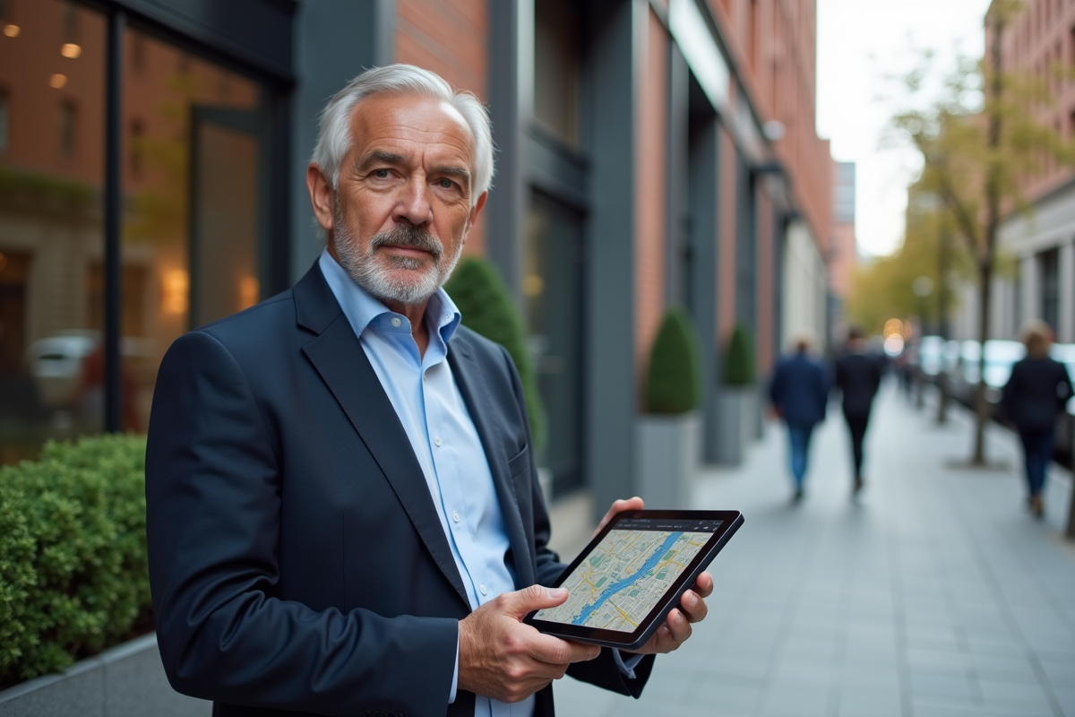 Homme dehors utilisant une tablette avec carte de zonage