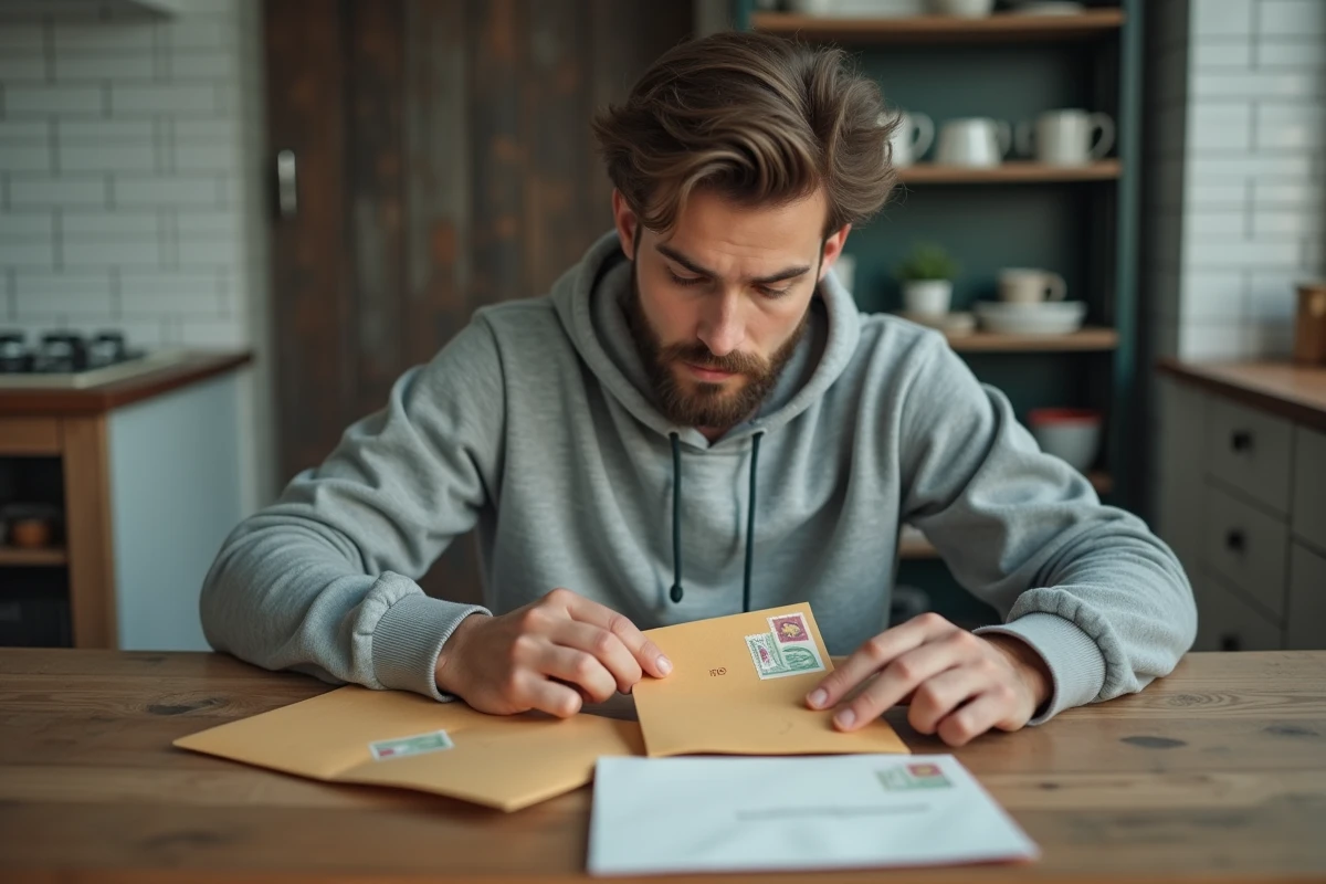 Homme triant des enveloppes affranchies différemment sur une table de cuisine en bois pour un envoi postal le week-end