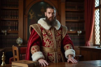 Portrait d'un homme Tudor en tenue royale richement brodée