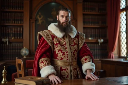 Portrait d'un homme Tudor en tenue royale richement brodée