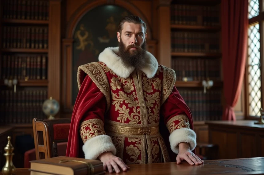 Portrait d'un homme Tudor en tenue royale richement brodée