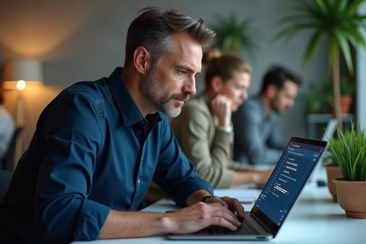 Homme consultant un traitement de texte sur ordinateur portable pour vérifier l'usage des majuscules en français dans un bureau moderne
