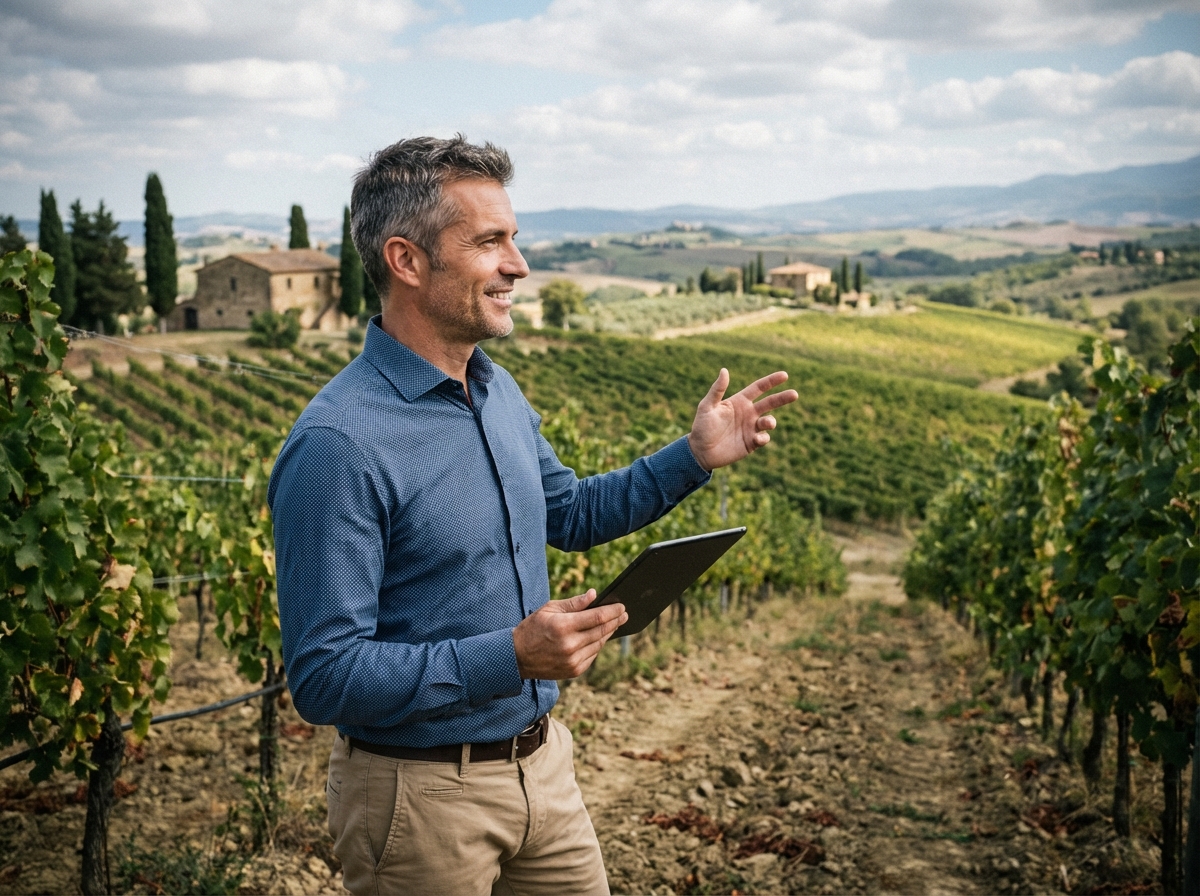 Homme avec tablette dans un vignoble du Sud-Ouest