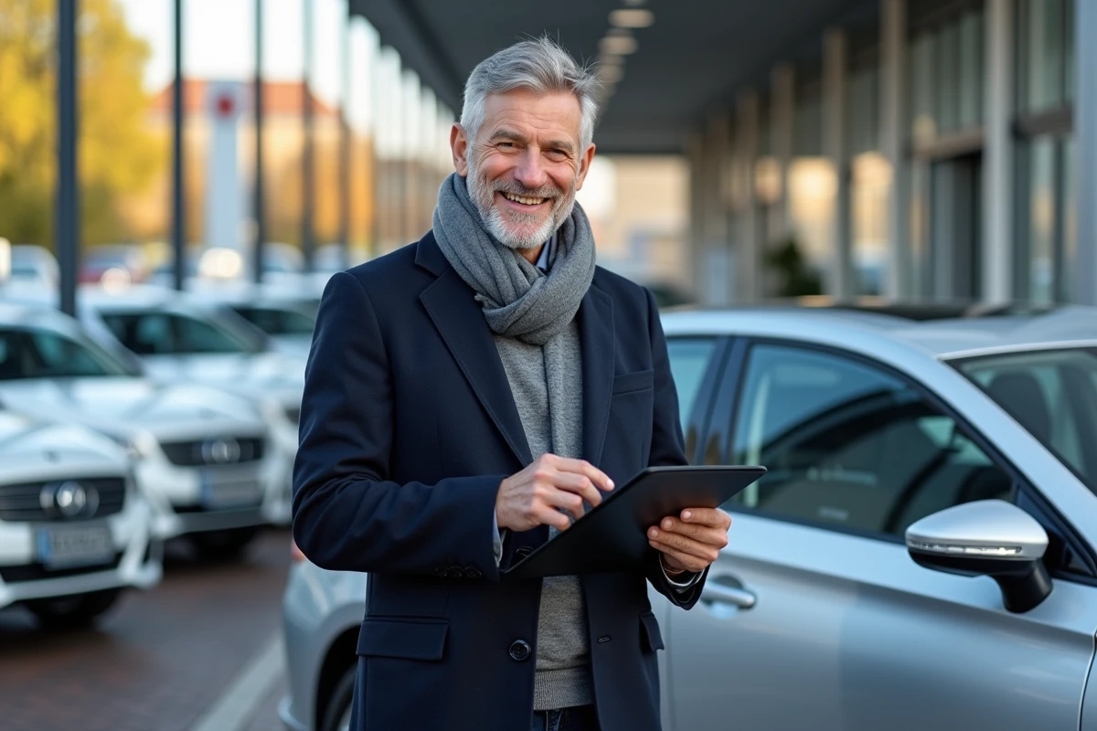 Homme souriant examine des papiers devant une voiture allemande