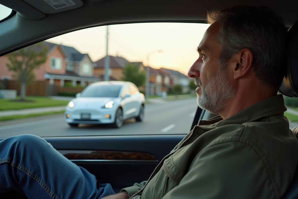 Homme dans une voiture essence regardant une voiture électrique