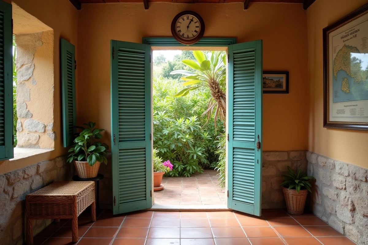 Horloge ancienne dans une maison créole en Guadeloupe avec vue sur jardin tropical, illustrant l'heure locale aux Antilles françaises