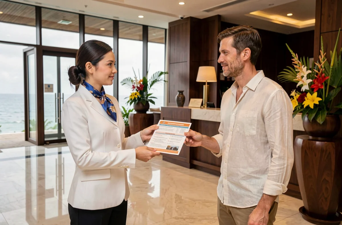 Hôtesse thaïlandaise en uniforme remettant une fiche de sécurité sismique à un voyageur occidental dans le hall d'un hôtel de Phuket