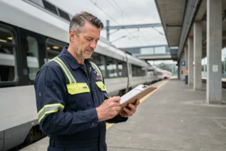 Ingénieur ferroviaire consultant un document de conformité IRIS02 sur un quai de dépôt de trains modernes