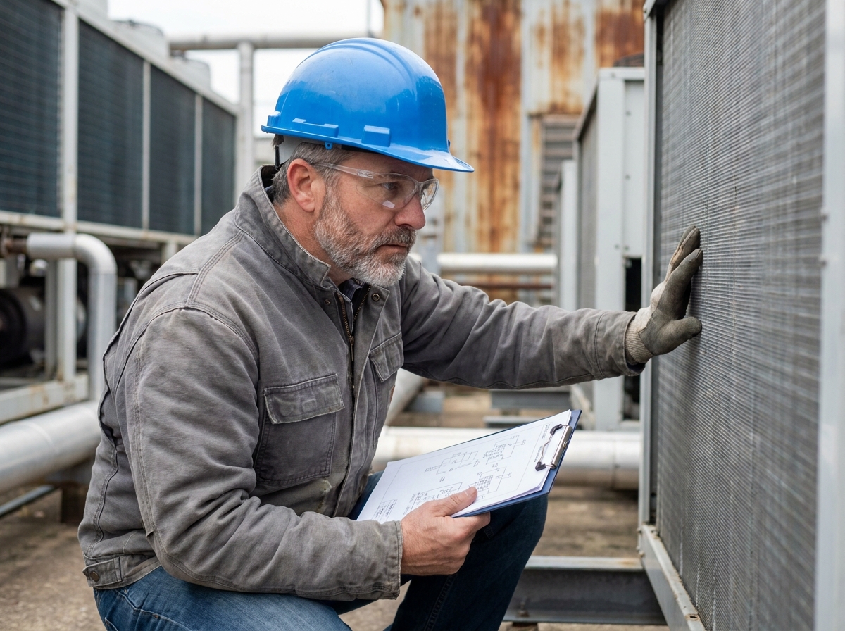 Ingénieur industriel inspectant une unité de dry cooler avec des plans techniques dans un site de refroidissement industriel