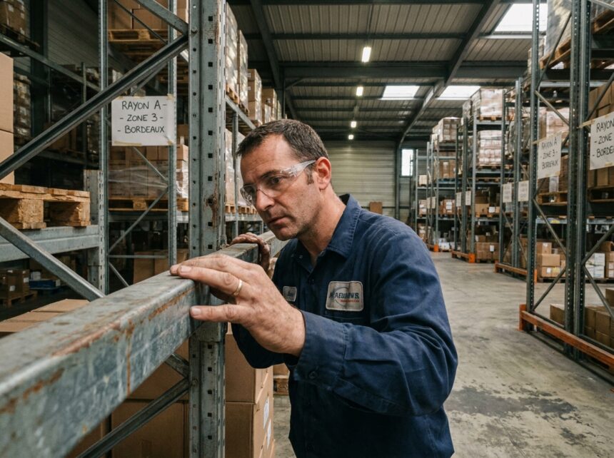 Responsable d'entrepôt inspectant un rayonnage métallique d'occasion dans un entrepôt professionnel à Bordeaux