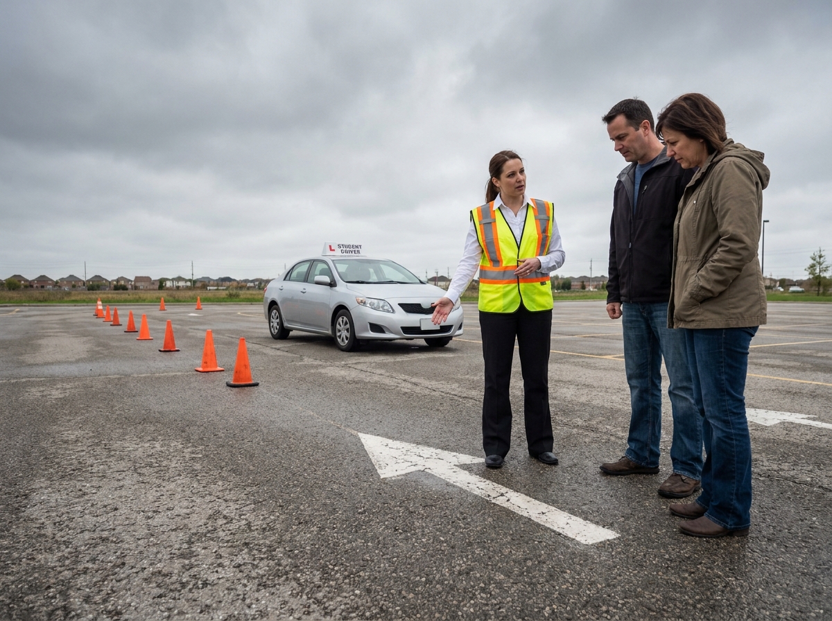 Instructrice de sécurité routière expliquant les marquages au sol lors d'un exercice pratique en circuit