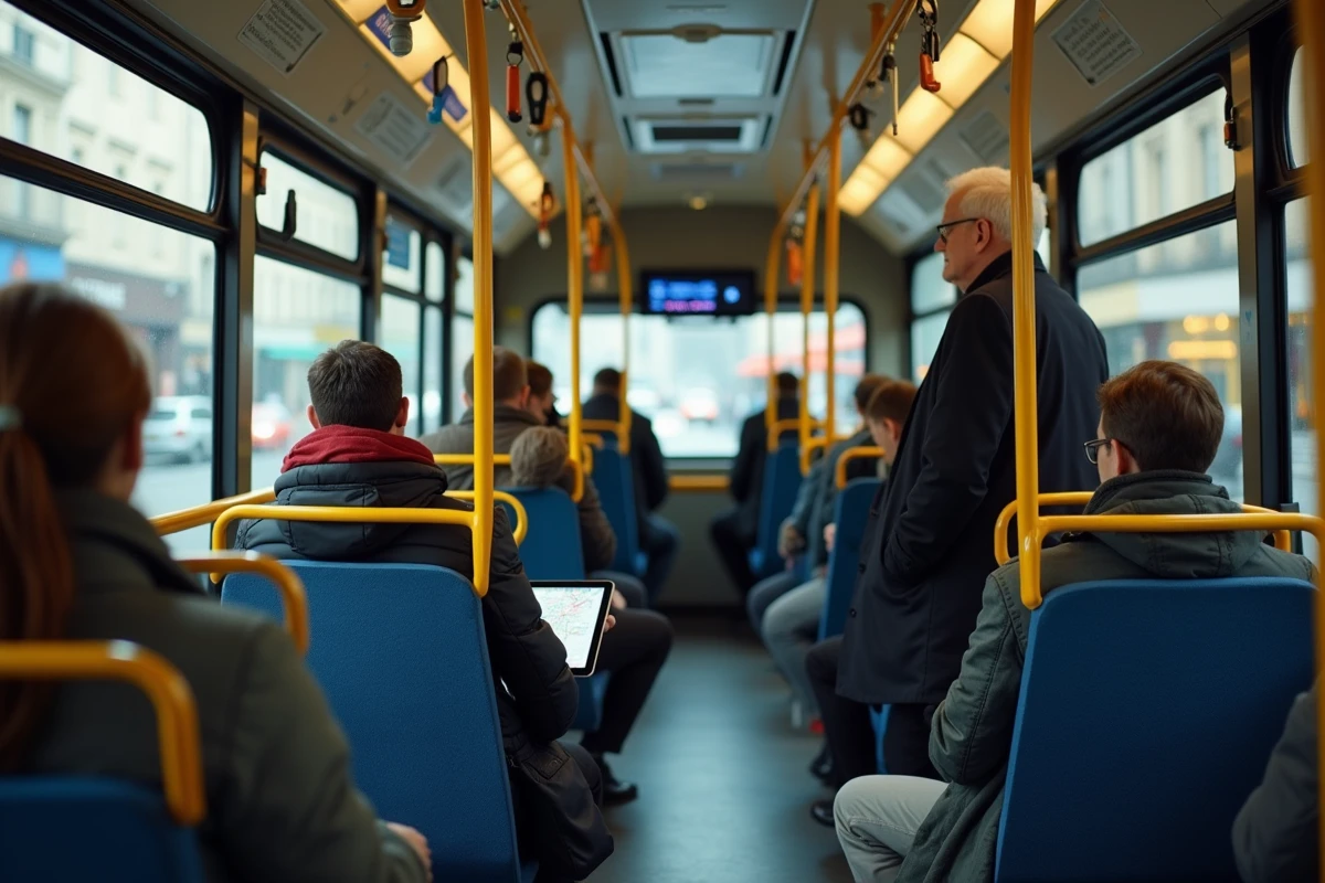 Intérieur du bus 92 avec passagers assis consultant le plan de ligne, écran d'affichage des arrêts visible