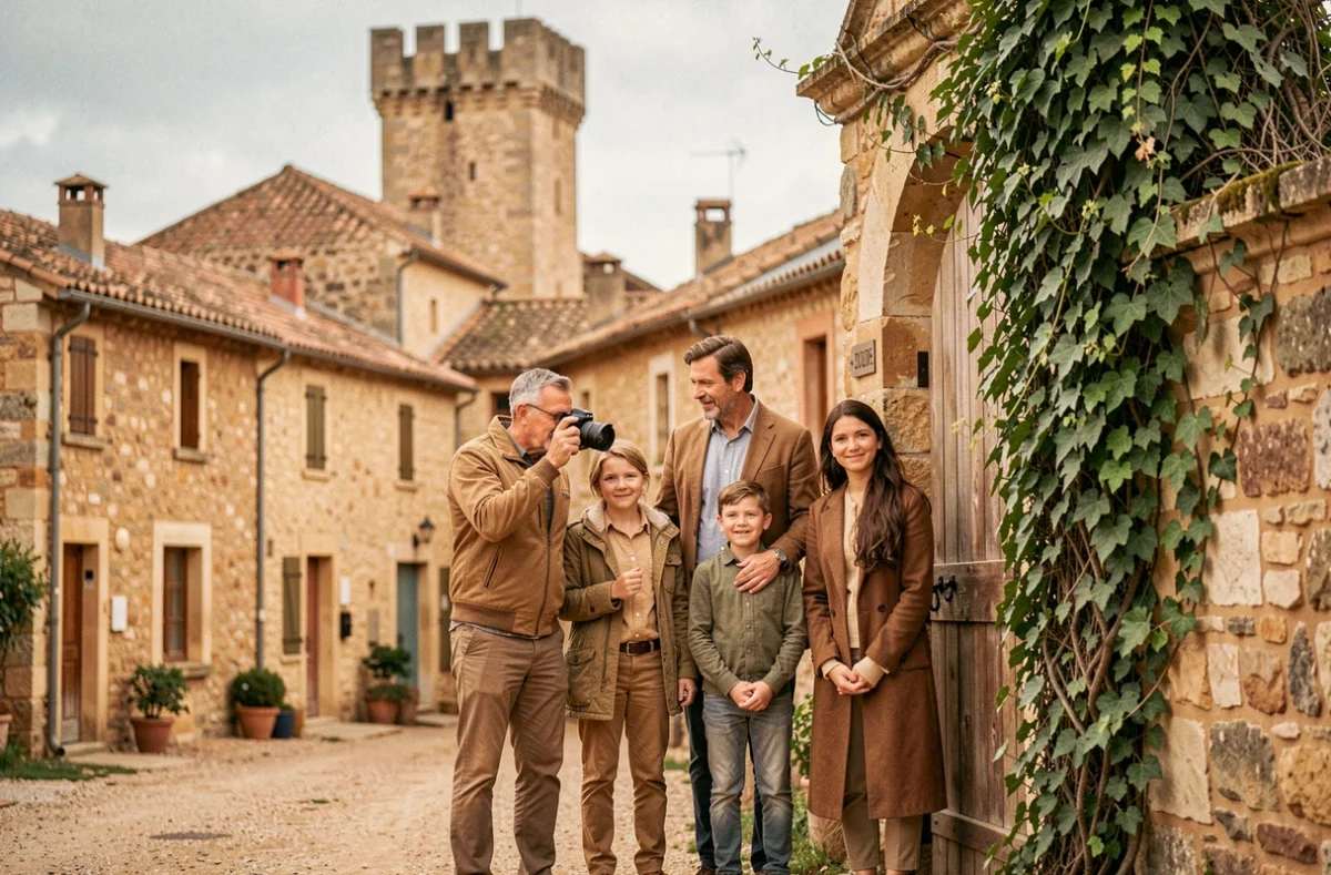 Séance photo de famille dans le village médiéval de Salignac-Eyvigues avec portail en pierre et lierre en arrière-plan