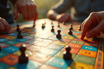 Plan rapproché d'un jeu de société coloré avec des pièces et des mains en action